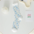 Sheer white mesh socks featuring blue floral embroidery and elegant ruffled cuffs - One Size / Daisy White