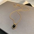French vintage style gold plated necklace with oval black agate pendant and wave chain - Necklace-Black