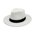 Chapeau Panama blanc classique en paille avec ruban noir pour les vacances d'été - M (56-58cm) / Blanc (Style à Bord Plat en Paille)