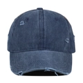 Close-up of distressed blue denim baseball cap showing vintage frayed holes and texture - Navy Blue