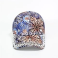 Close-up of colorful floral baseball cap with sparkling rhinestones and crown detail - Adjustable / Blue Diamond