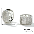 Detail view of rectangular silver hoop earrings with clear pavé stones, 2cm height - Silver-White Zirconia