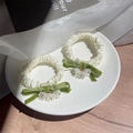 Silk lily of the valley hair scrunchies with green velvet bow on a ceramic plate - Thin Scrunchie with 3 Flowers / Off White