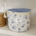 Blue cat pattern quilted fabric storage basket with lace trim and white satin bow - Blue Cat