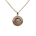 Gold box chain necklace with a colorful zircon micro-pave evil eye pendant on white background - Gold Full Zircon Round Eye