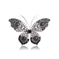 Zilveren vlinderbroche met grijze strass-steentjes en kattenoogstenen in zijaanzicht - Zwart
