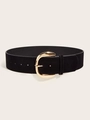 Detail of wide black suede waist belt featuring a large gold U-shaped metal buckle - Gold Pin Buckle (5.8cm Wide) / Black