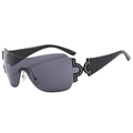 Randlose Y2K Sonnenbrille in Schwarz mit dunkelgrauen Gläsern und glänzenden Strass-Schnallen - Glänzendes Schwarz/Vollgrau