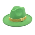 Detail view of bright green wool fedora hat featuring a sparkling gold glitter ribbon band - Grass Green