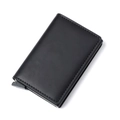 Macro shot of slim RFID blocking wallet with black leather texture and popup slide lever - Crazy Horse Black