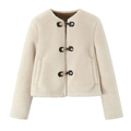 Women's cream fleece jacket with stylish black leather straps and gold metal buckles - XS / Off White