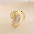 Elegant gold leaf open ring with zircon crystals on a minimalist beige background - Leaf Zirconia Style (14528)