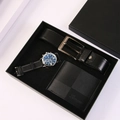 Men's gift set featuring a black leather watch with blue dial, wallet, and belt - 4-Piece Black Set (Belt + Wallet + Watch + Gift Box)