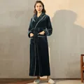 Plush forest green flannel bathrobe for adults with white piping and waist belt - Forest Green (Female)