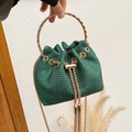 Sparkling dark green rhinestone bucket bag with gold handle and chain shoulder strap - Green