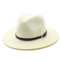 Classic beige woven straw fedora sun hat with a black leather band and gold buckle detail - M (56-58cm) / Cream