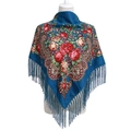 Ethnic blue floral shawl featuring red roses, paisley patterns, and long fringes - Lake Blue
