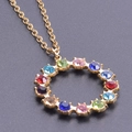 Gold stainless steel necklace with round pendant featuring colorful sparkling crystals - Gold Necklace
