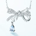 Collar de plata con lazo y colgante de topacio azul cielo con piedras de circonita - Plata 925 / Oro Blanco Plateado Grueso (Piedra Principal de Pera 4*6mm)