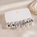 Close-up of 6-piece silver waterdrop and textured earrings set on elegant display card - Silver Needle Water Drop Pleated Style / Silver