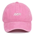 Close-up of pink washed cotton baseball cap with white PAPI embroidery detail - Pink
