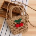 Stro handtas met gehaakte kersen en schouderband voor strandvakantie stijl - Camel (met kersenaccessoire)