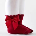 Dunkelrote Baumwollsocken für Mädchen mit großer Schleife und Wellenrand-Detail - Burgunderrot / S (Sohlenlänge 9-11CM)