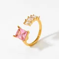 Adjustable 316L stainless steel gold ring featuring a large square pink zircon stone - Gold + Pink Zircon (KBJ463)