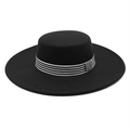 Black wool felt boater hat with a chic black and white striped ribbon band and bow - M(56-58cm) / Black