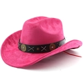 Macro detail of magenta felt cowboy hat with black leather band and metal stud - M (56-58cm) / Rose Red