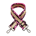 Detail of pink and gold leopard print woven bag strap with metal snap hooks - Rose Pink Gunmetal Buckle