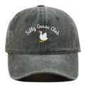 Close-up of Silly Goose Club white embroidery on a dark grey washed cotton baseball cap - Army Green
