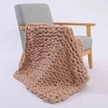 Thick brown hand-knitted chenille throw blanket draped on a gray wooden armchair - 25*100cm / Khaki