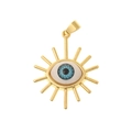 Macro shot of gold devil eye pendant featuring blue enamel and sparkling zircon detail - DZ295-Radiant Lashes Eye