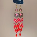 Detalle de pendientes boho con borlas de cuentas rosas con hoja de bronce vintage y cristal - 24# Gancho de Oreja Color Dorado Rojo