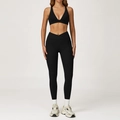 Black yoga set with V-neck sports bra and high waisted crossover leggings with side pockets - 2044 Bra + 2030-1 Pants - Premium Black