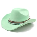 Détail du chapeau de cowboy en daim vert menthe avec cuir tressé et perles turquoise - M (56-58cm) / Vert Fluorescent