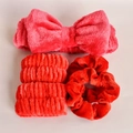 Red microfiber spa set with plush bow headband, matching wristbands, and soft hair scrunchie - Red Washing Set (5-Piece Set)