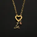 Gold stainless steel heart clasp necklace with cursive letter Z and pink gem - Letter Y