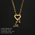 Gold stainless steel heart clasp necklace with cursive letter Z and pink gem - Letter Y