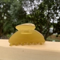 Floral yellow acetate claw clip with gold label on wooden background outdoors - Goose Yellow