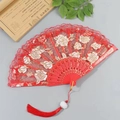 Elegant red lace folding fan with gold rose embroidery and matching red tassel decor - Fan with Tassel / Red