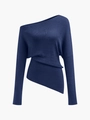 Detail of navy blue knit fabric on an asymmetrical off-shoulder long sleeve sweater - S / Blue