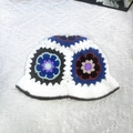 White handmade crochet bucket hat featuring colorful floral knit patterns in bohemian style - M (56-58cm) / Flower White Coffee Edge