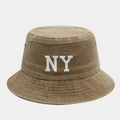 Klassischer Fischerhut aus gewaschener Baumwolle in Braun mit weißer NY Stickerei - M (56-58cm) / Khaki