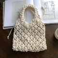 Borsa tote intrecciata a mano bianco crema con motivo a maglia e fodera con coulisse - Beige (con borsa interna)