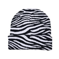 Winter cow pattern knit beanie with black and white zebra stripes and folded cuff - One Size / Black and White Zebra Print (Stripe)