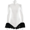 Body bianco aderente con maniche lunghe, collo alto e orlo a balze nere per donna elegante - S / Bianco con bordo nero