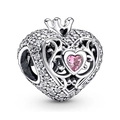 Pink heart charm with crown and sparkling stones for charm bracelets and necklaces - Crown Heart Pink Gem (007)