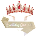 Birthday Girl sash and gold crown set with sparkling red rhinestones for party queen - Red Gold Italic (Girl)